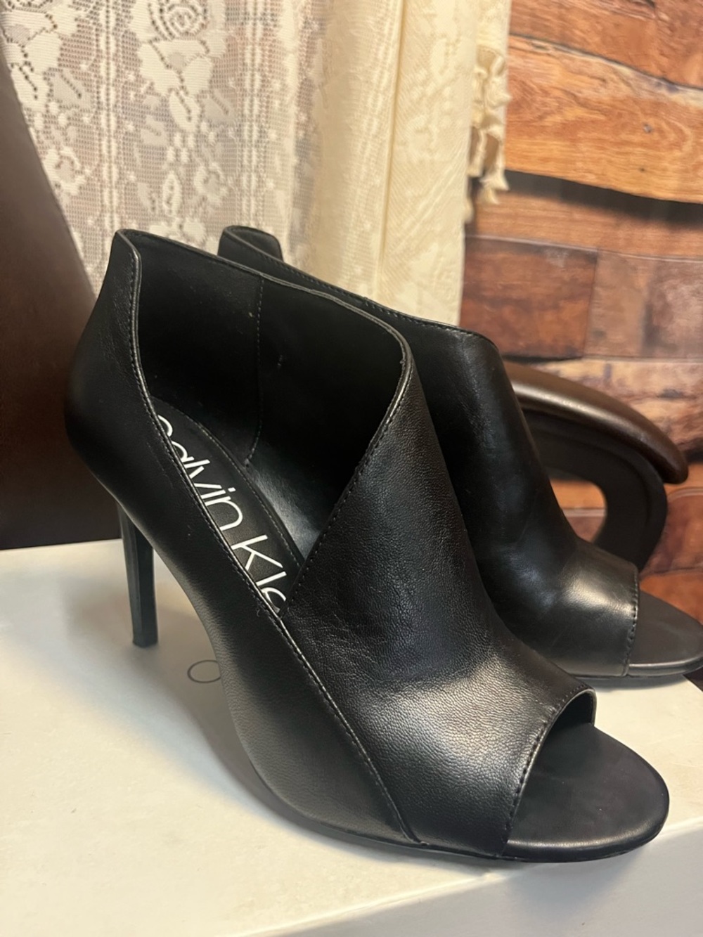 Calvin Klein Nastassia Nappa Leather Open-Toe Wrap Heels - Picture 9 of 14